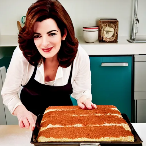 Prompt: nigella lawson diving into cake mix