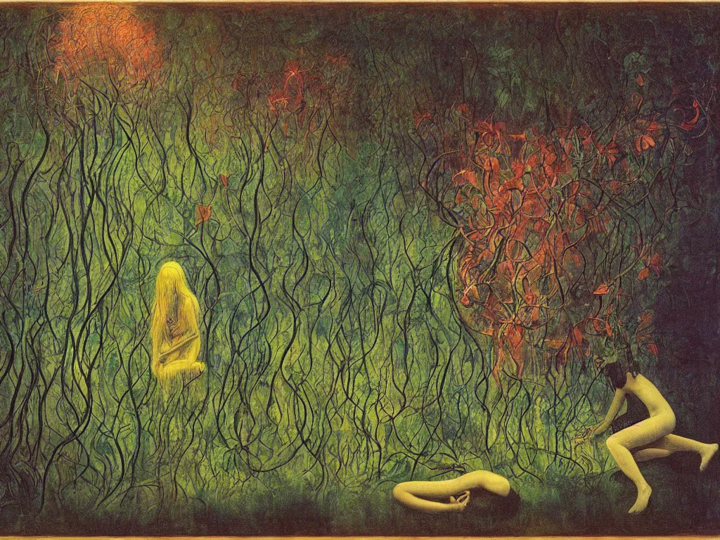 Image similar to phosphorescent long needled human in a bush. a carnivorous plant. painting by mikalojus konstantinas ciurlionis, bosch, max ernst, agnes pelton, rene magritte