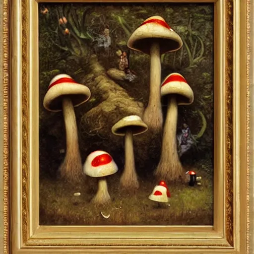 Image similar to woman commands little mushroom soldiers, by howard david johnson