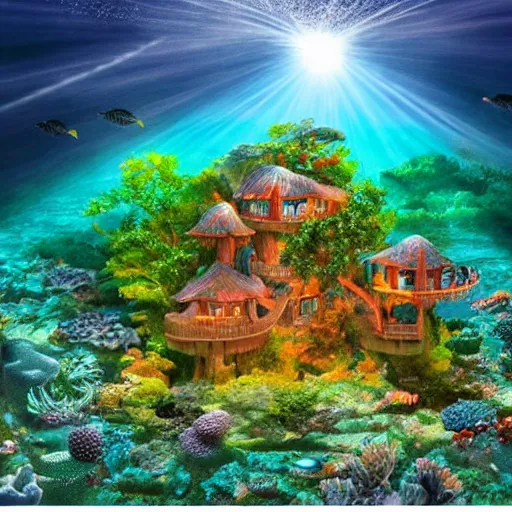 Image similar to fancy treehouse mansion built in coral underwater reef landscape with sunshine rays from above detailed luminescent magical realism 4 k painting