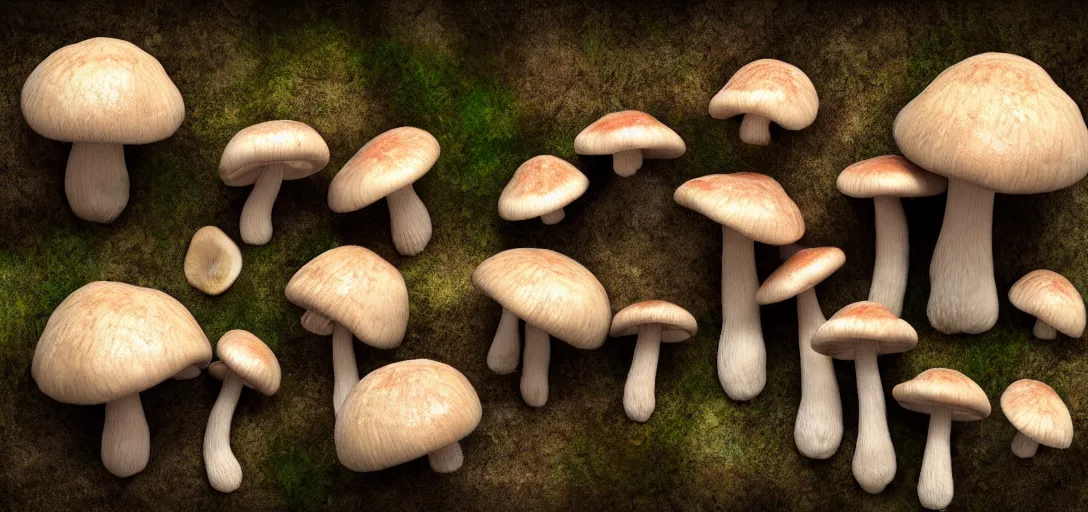 Image similar to 3 d study of a bunch of mushrooms in the forest, photorealistic, detailed, octane