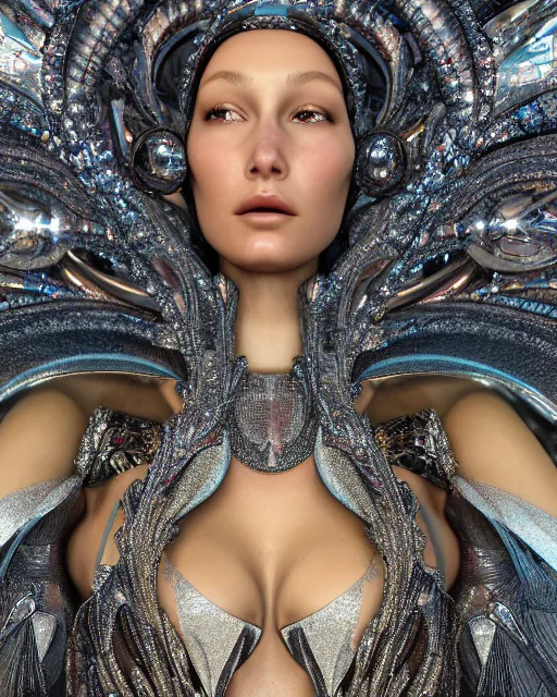 Prompt: a highly detailed metahuman 4 k close up render of an alien goddess bella hadid as siren in iris van herpen dress schiaparelli in diamonds crystals swarovski and jewelry iridescent in style of alphonse mucha gustav klimt trending on artstation made in unreal engine 4