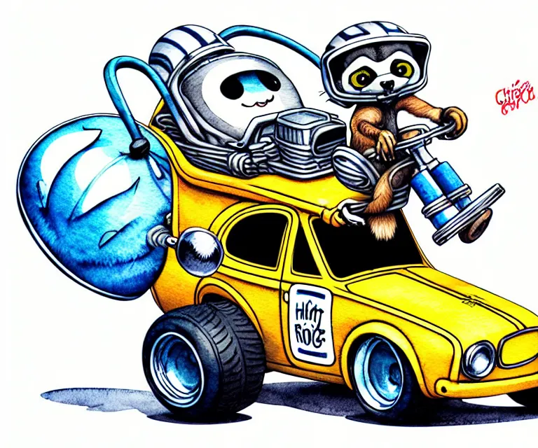 Image similar to cute and funny, racoon wearing a helmet riding in a tiny hot rod with oversized engine, ratfink style by ed roth, centered award winning watercolor pen illustration, isometric illustration by chihiro iwasaki, edited by range murata, tiny details by artgerm and watercolor girl, symmetrically isometrically centered