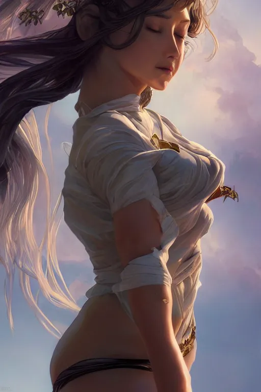 Prompt: full body windy hair zero gravity seductive meditation goddess in the style of artgerm, wlop, greg rutkowski, alphonse mucha and ayami kojima, realistic details, volumetric lighting, very very very very beautiful symmetrical face, trending on artstation, artstationhd, artstationhq, unreal engine, 4 k, 8 k