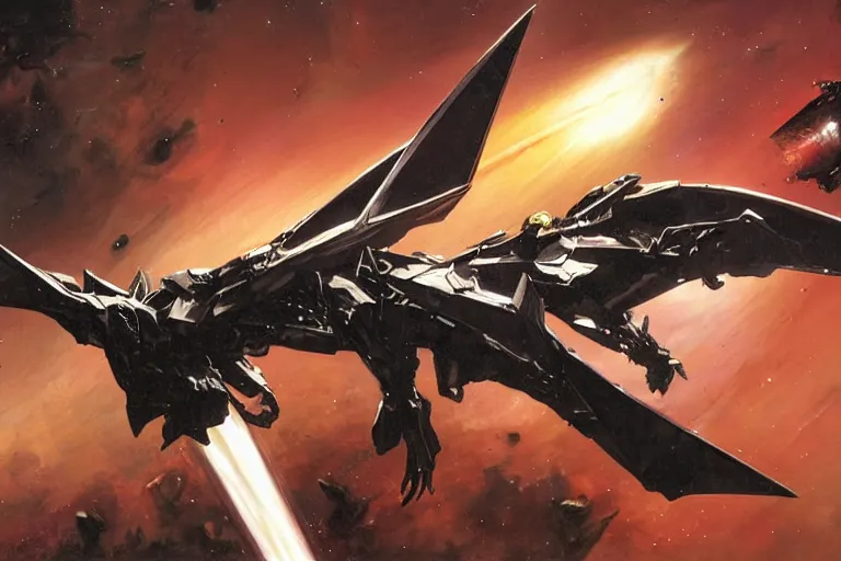 Image similar to gnostic space nebula framing a pteranodon mecha interceptor, small against the backdrop of space, white john berkey armor panels, wine-red and grey trim, robotech styling, with white Kanji markings outlined in black, boeing concept art painting, cinematic lighting, amazing lifelike cinematic photo render