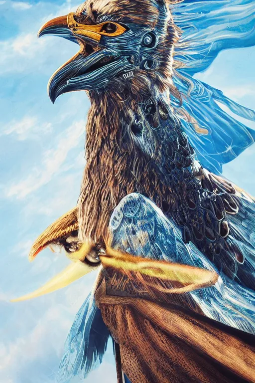 Image similar to realistic detailed photo of ladyhawke, soaring through the sky, blue eyes, woven armour with , intricate complexity, Behance, golden ratio, fibanci background, vray, rich deep colors