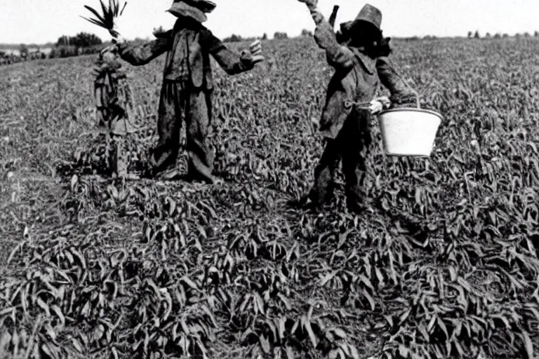 Image similar to disturbing scarecrow from the early 1 9 0 0's leading children into the cornfields