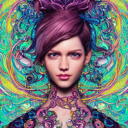 Image similar to the portrait of a ridiculously beautiful and elegant european woman partially made of onion rings of all colors, an ultrafine detailed illustration by james jean, final fantasy, intricate linework, bright colors, behance contest winner, vanitas, angular, altermodern, unreal engine 5 highly rendered, global illumination, radiant light, detailed and intricate environment