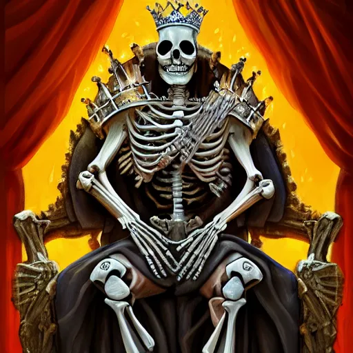 Prompt: Portrait of a skeleton king sitting on the throne, digital art, artstation, detailed, realistic
