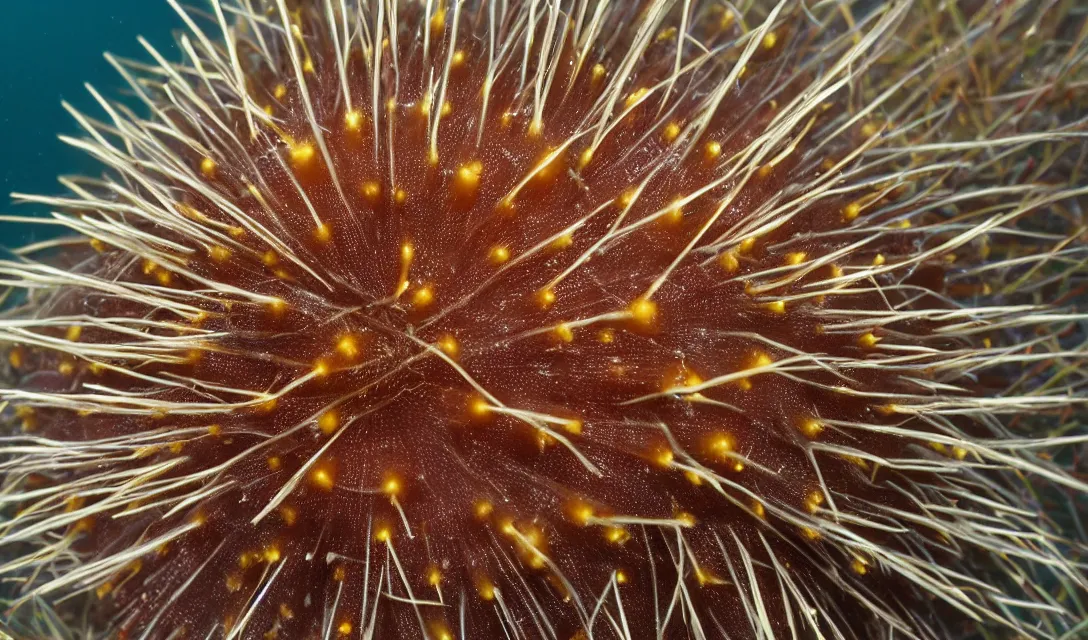 Prompt: A living Sea urchin in the wild with red eyes, realistic, 4K, photorealistic