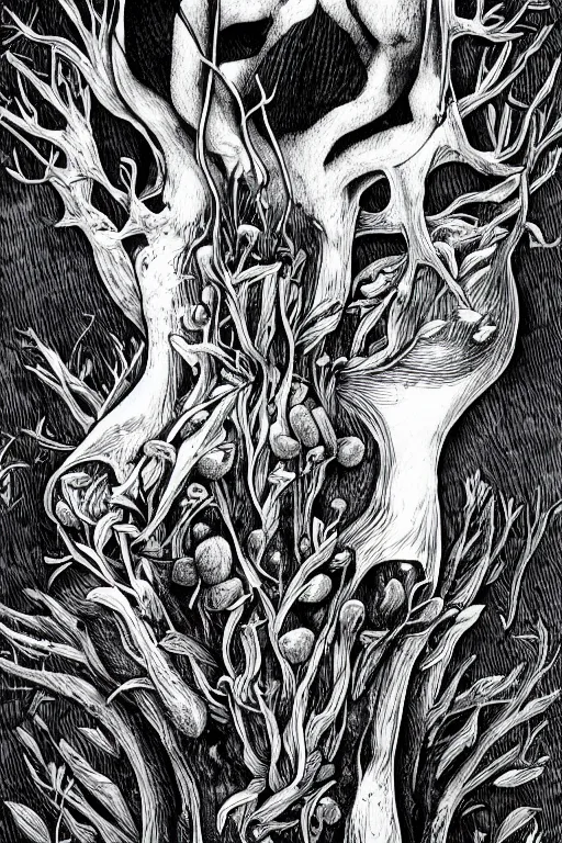 Image similar to black and white illustration, creative design, body horror, forest mushroom man