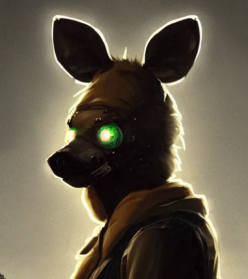 Prompt: new york city portrait icon of furry anthro anthropomorphic spotted hyena head animal person fursona wearing clothes strange cybernetic metal muzzle gloomy rainy screenshot from the video game cyberpunk 2077 digital art by Greg Rutkowski, Simon Stalenhag, christopher nolan trending on Artstation, CGSociety