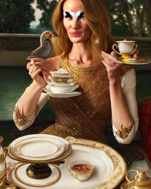 Image similar to Portrait of Rosie Huntington-Whitely & a mallard & a pig having tea at the Ritz, real life skin, intricate, elegant, highly detailed, artstation, concept art, smooth, sharp focus, art by artgerm and greg rutkowski and alphonse mucha