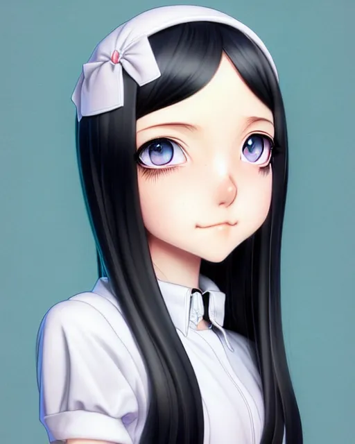 Prompt: depicting a wealthy young mischievous female stoner prep school student with medium length silky straight iridescent black hair and pale skin, illustrated by Artgerm and Range Murata.