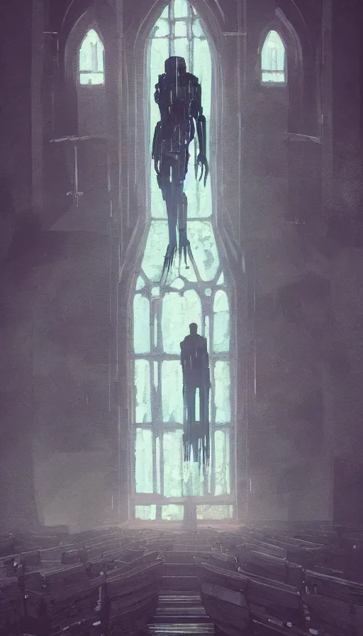 Image similar to portrait of broken humanoid metal robot praying in empty church, sunshine through window, bladerunner, cold color scheme, digital illustration, artstation, cinematic composition