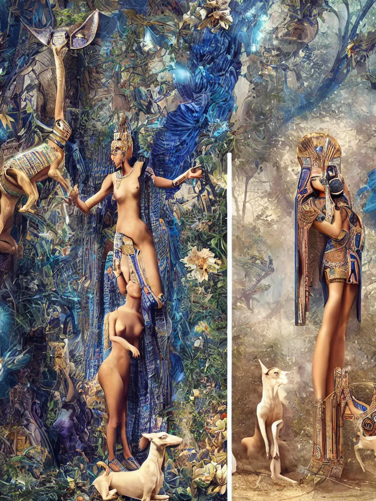 Image similar to portrait of a beautiful female ancient Egyptian goddess next to the god Anubis as a whippet, blue lotus flowers grow around them, checking her iphone by Alessio Albi, painted by Artgerm, by Marc Simonetti, by Ernst Haeckel