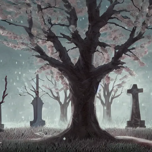 Prompt: a lonely graveyard at night, the moon shine is falling on a specific grave with a sakura tree beneath it, its raining and the atmosphere is oppressive also the fall of super mad and with extrem anger lucifer, dark amotsphere with many shadows and dark red highlights, concept art by aleksandra waliszewska, cinematic atmosphere
