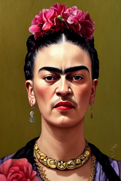 Image similar to ultra realistic illustration, frida kahlo, staring directly into camera, intricate, elegant, highly detailed, digital painting, artstation, concept art, smooth, sharp focus, illustration, art by artgerm and greg rutkowski and alphonse mucha