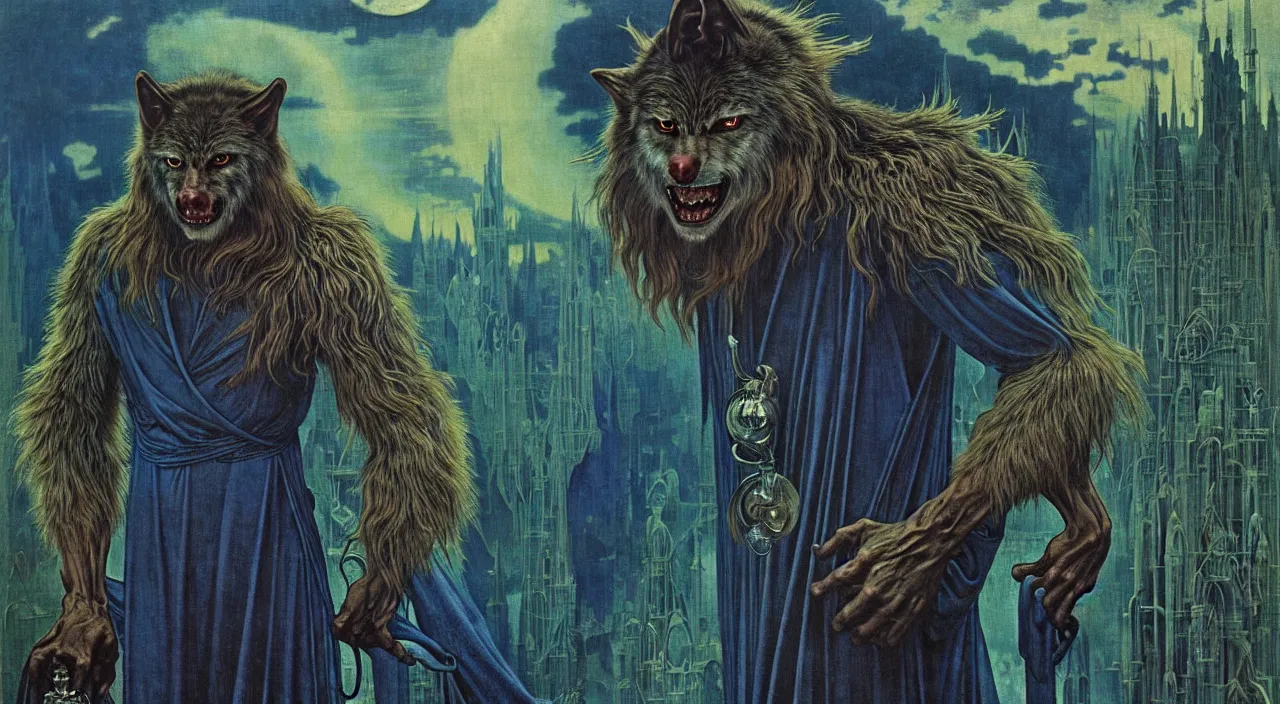 Image similar to realistic detailed portrait movie shot of a wolfman wearing dark robes, sci fi city landscape background by denis villeneuve, amano, yves tanguy, alphonse mucha, ernst haeckel, max ernst, roger dean, masterpiece, rich moody colours, blue eyes, occult