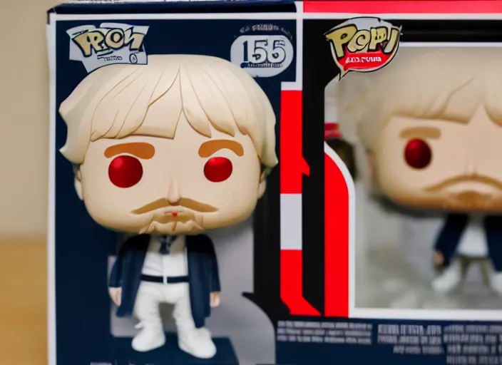 Image similar to product still of Boris Johnson funko pop with box, 85mm f1.8