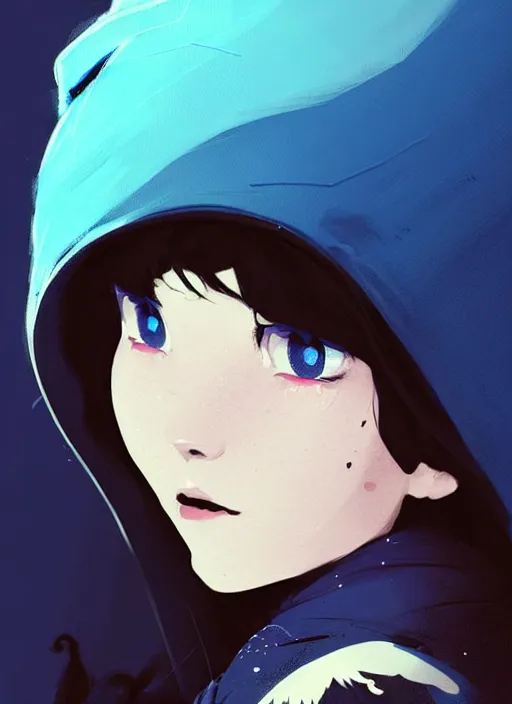 Image similar to highly detailed closeup portrait of a witch young lady student, ( blue witch hat ), black hoodie, blue hair by atey ghailan, by greg rutkowski, by greg tocchini, by james gilleard, by joe fenton, by kaethe butcher, gradient, blue, black, brown and cream color scheme, grunge aesthetic!!! white graffiti tag wall background