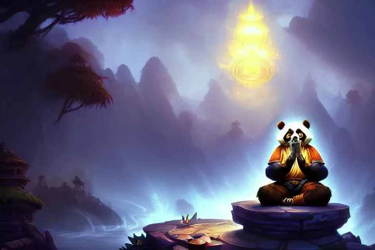 Image similar to [ important ] amazing portrait of a pandaren meditating [ / important ], hearthstone splash art, deiv calviz, splash art, natural light, elegant, intricate, fantasy, atmospheric lighting, by greg rutkowski, hearthstone splash art, hd wallpaper, ultra high details, cinematic composition