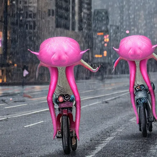 Prompt: hyper realistic, photo, humanoid pink female Squid creatures riding a motorcycle fast in the rainy city traffic