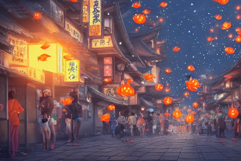 Image similar to fantasy art of glowing goldfish swimming in the air, in the streets of a japanese town at night, with people watching in wonder, by fenghua zhong, highly detailed digital art, trending on artstation