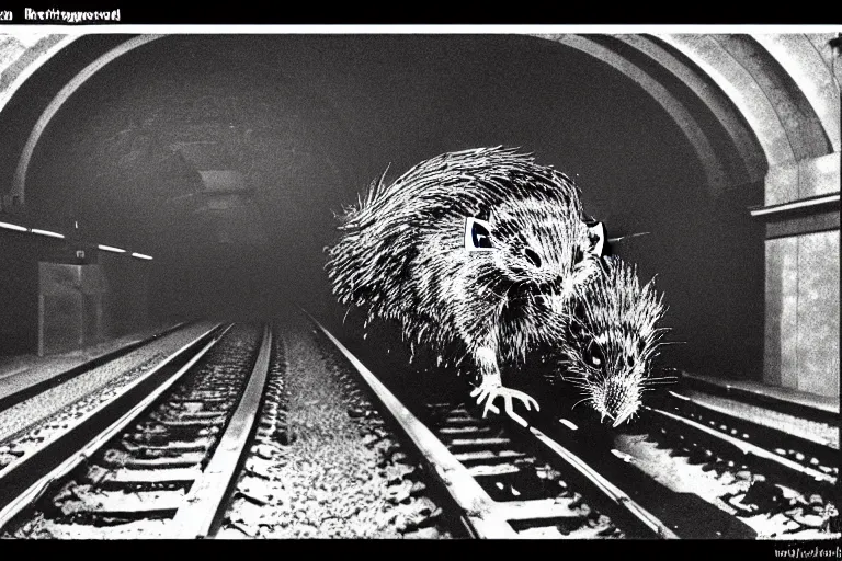 Image similar to very large giant mutant zombie irradiated ( angry rat ) staying on railways in tonnel of moscow subway. tonnel, railways, giant angry rat, furr, fangs, claws, very realistic. fog, extreme long shot, herman nitsch, giger.