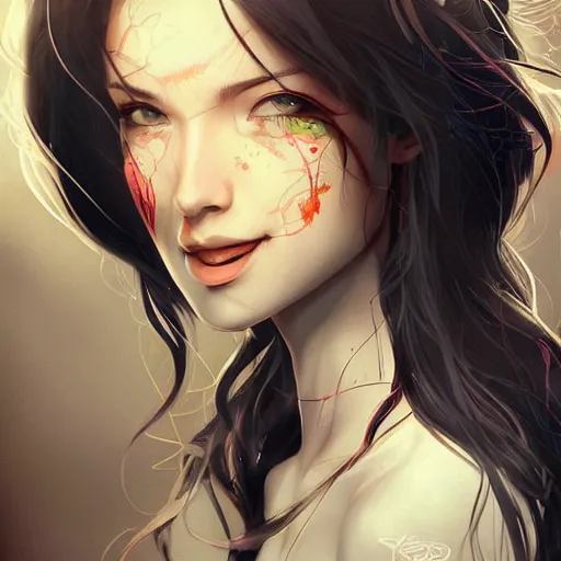 Image similar to biopunk geneticist, heroine, beautiful, playful smile, detailed portrait, intricate complexity, in the style of Artgerm, Kazuki Tanahashi, and Ross Tran, cel-shaded