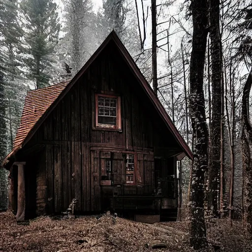 Image similar to an eerie cabin in the middle of the woods,