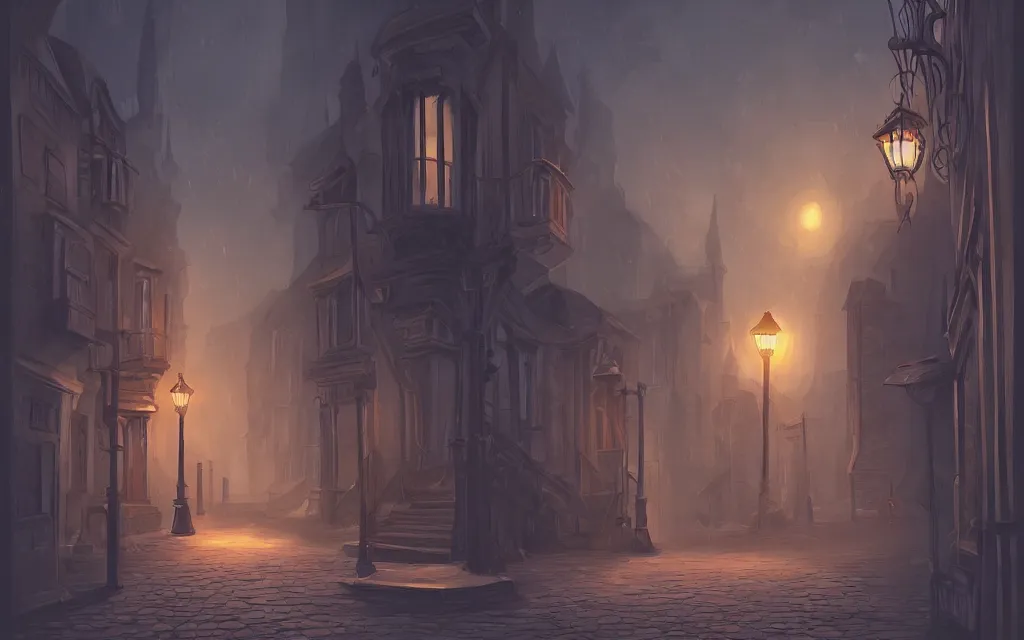 Prompt: Sideview of an 18th gothic street at night. Trending on artstation, digital painting, sidescroller, high fantasy.
