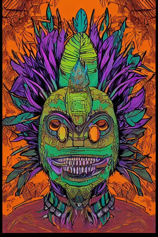 Image similar to animal mask totem roots flower tribal feather gemstone plant wood rock shaman vodoo video game vector cutout illustration vivid multicolor borderlands comics by josan gonzales and dan mumford radiating a glowing aura