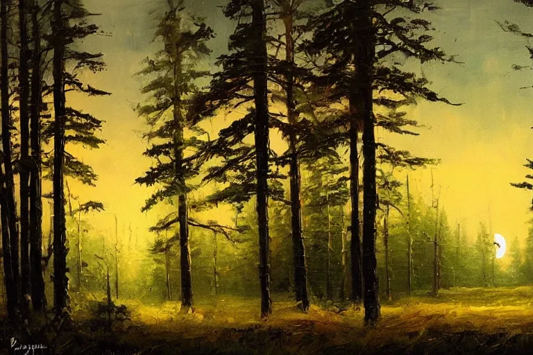 Prompt: A beautiful painting of The edge of the Russian forest in summer at night, Trending on artstation.