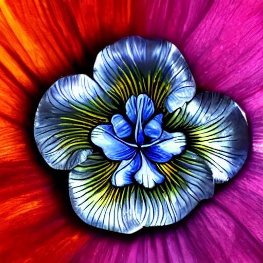 Image similar to an iris flower made of metal, cybertronic, shiny