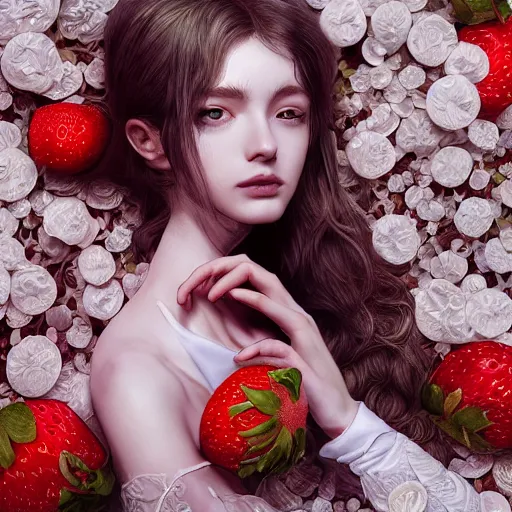 Image similar to the portrait of an absurdly beautiful, graceful, elegant, sophisticated, fashionable young woman made of strawberries and white petals looking down, an ultrafine hyperdetailed illustration by kim jung gi, irakli nadar, intricate linework, bright colors, octopath traveler, final fantasy, unreal engine 5 highly rendered, global illumination, radiant light, detailed and intricate environment