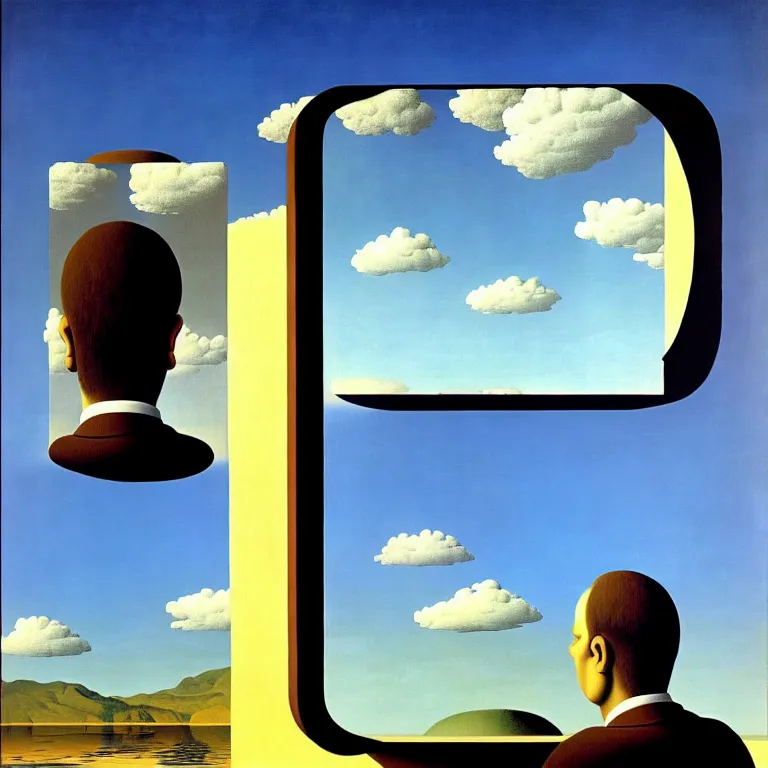 Image similar to a man looks into his own reflection and sees nothing, by rene magritte and salvador dali, surreal, oil on canvas, hyper detailed, vivid