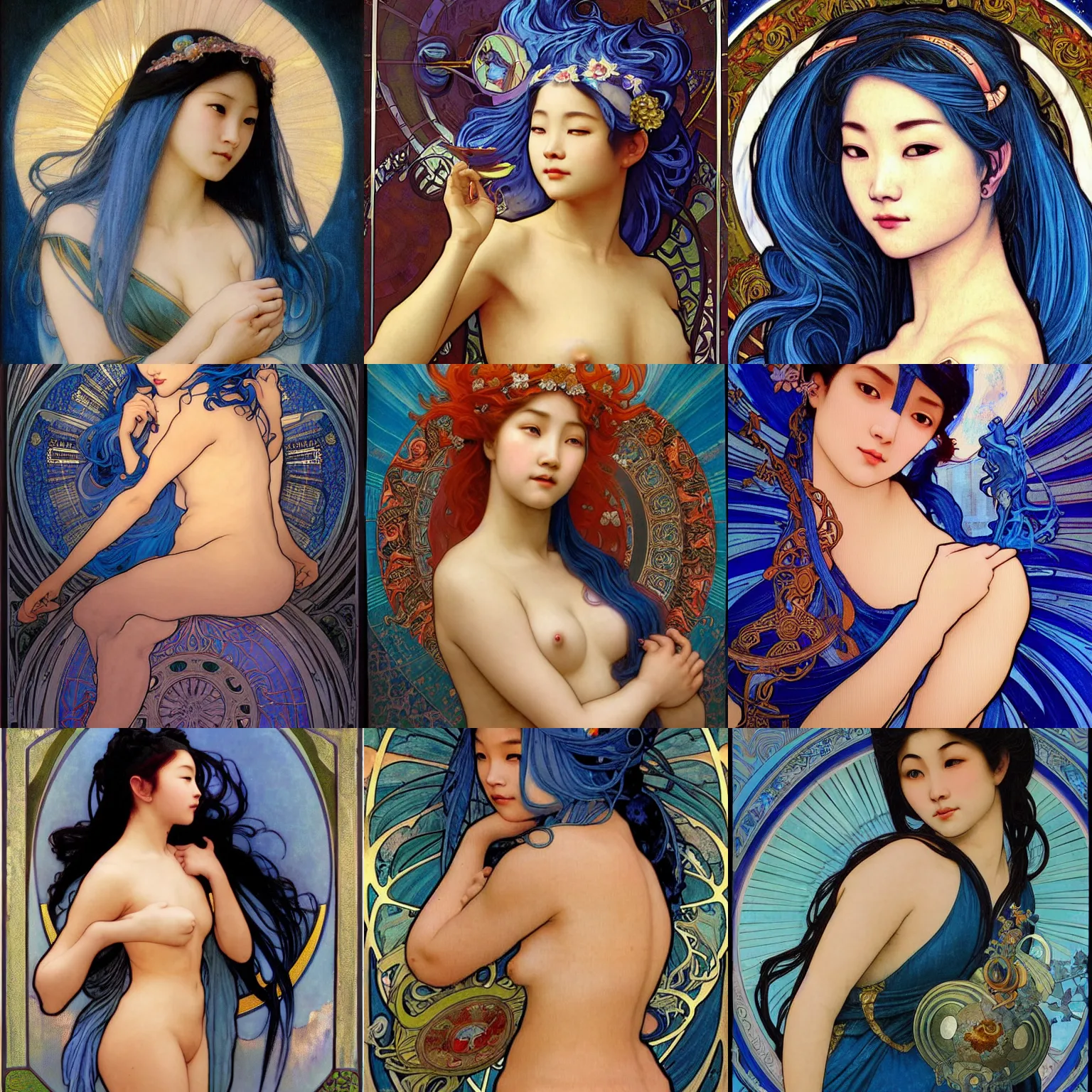 Prompt: stunning, breathtaking, awe-inspiring award-winning concept art nouveau painting of attractive Asian nymph with blue hair, as the goddess of the sun, with anxious, piercing eyes, by Alphonse Mucha, Michael Whelan, William Adolphe Bouguereau, John Williams Waterhouse, and Donato Giancola, cyberpunk, extremely moody lighting, glowing light and shadow, atmospheric, cinematic, 8K