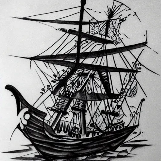 Image similar to realism tattoo design sketch of a pirate ship, by Sivak