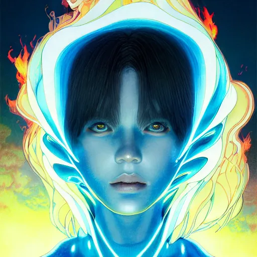 Image similar to prompt : flames and lightnings portrait soft light painted by james jean and katsuhiro otomo and erik jones, inspired by evangeleon anime, smooth face feature, intricate oil painting, high detail illustration, sharp high detail, manga and anime 1 9 9 9