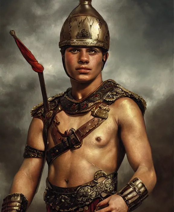 Image similar to portrait of a handsome young latin gladiator, art by denys tsiperko and bogdan rezunenko and franz xaver kosler, hyperrealism, fantasy art