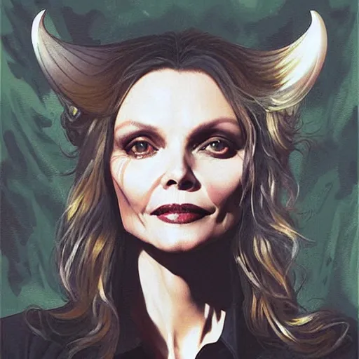 Image similar to michelle pfeiffer is the queen of the undead, portrait painting, medium shot, asymmetrical, profile picture, organic painting, sunny day, matte painting, bold shapes, hard edges, street art, trending on artstation, by huang guangjian, m and gil elvgren and sachin teng
