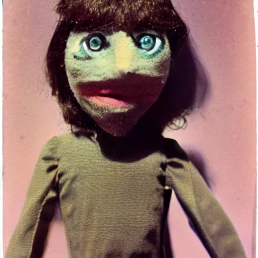 Image similar to a puppet made of human hair, old photo, expired color film, damaged photo, 1975