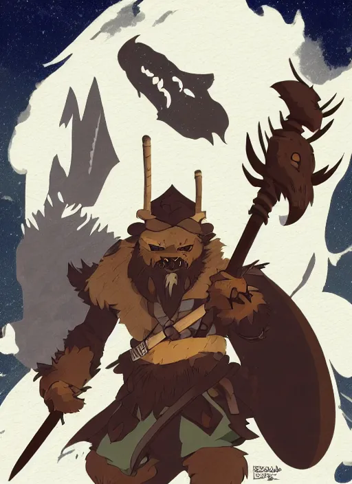 Image similar to bugbear ranger, black beard, dungeons and dragons, hunters gear, flames, character design on white background, by studio ghibli, makoto shinkai