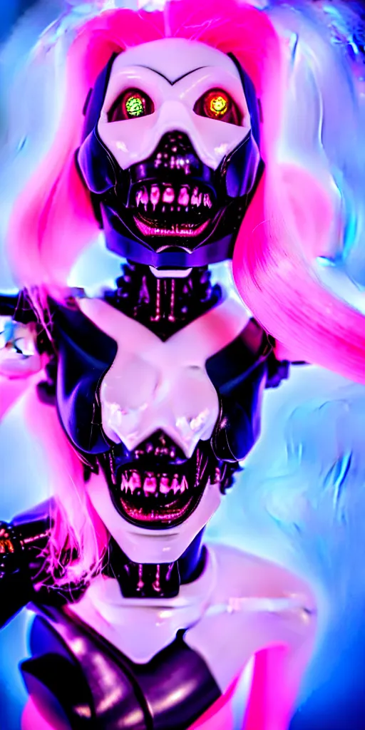 Prompt: high quality photo close-up of gothic cyborg woman laughing with white hair and pearlescent blue skin key sage wayne barlowe very soft pink neon lighting on one side wide angle 35mm shallow depth of field 8k