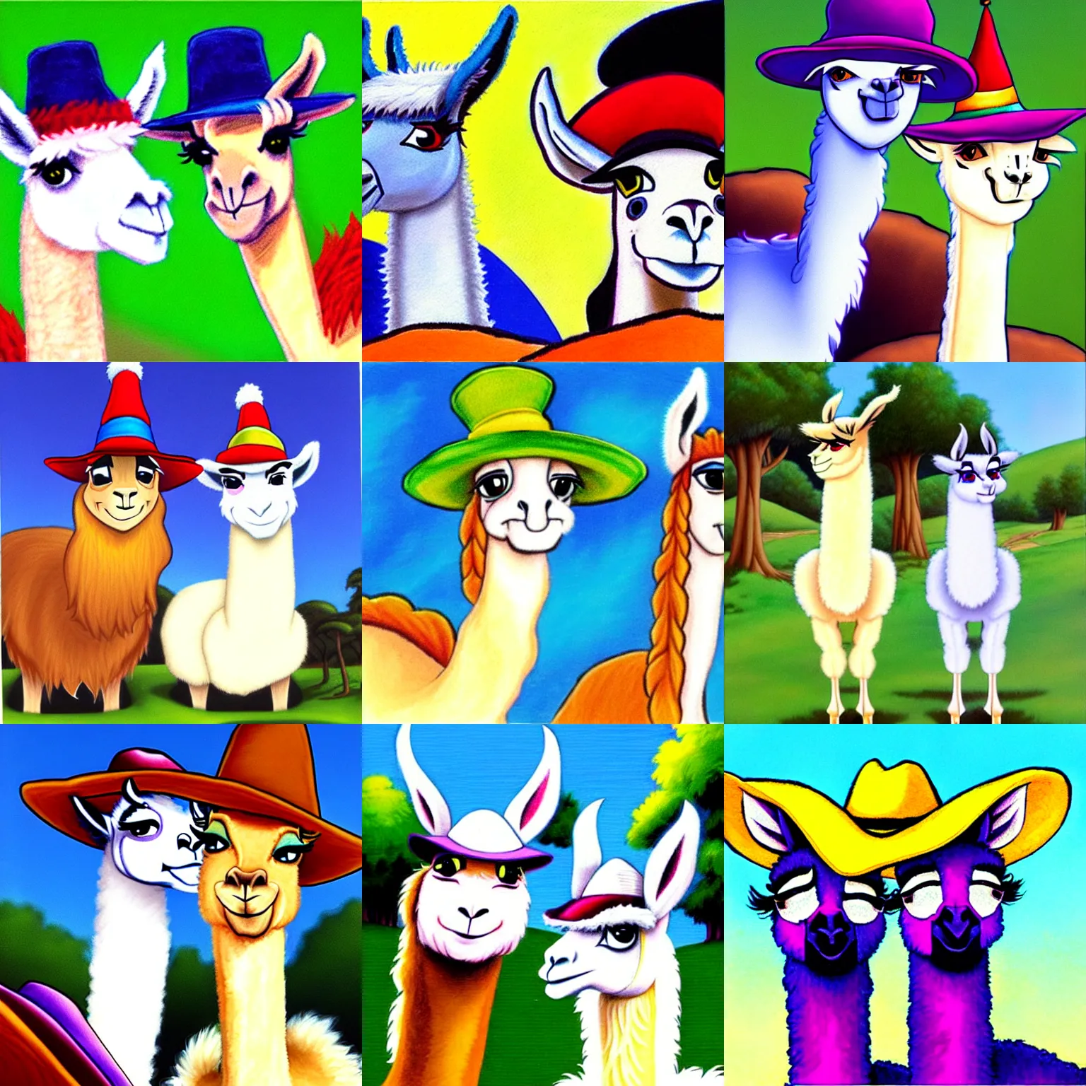 Prompt: 2 llamas+hats, art by Don Bluth