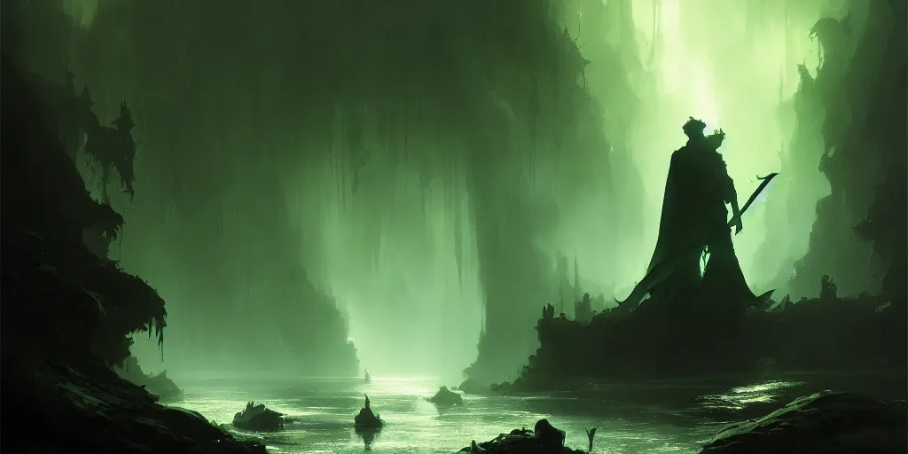 Prompt: magical subterranean river styx, a man in a cape on a boat with a sword, ethereal swirling green mist, dramatic lighting, magical atmosphere,, gothic illustration, greg rutkowski, andreas rocha, ashley wood, soft edges, low detail, trending on artstation