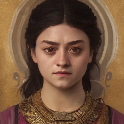 Image similar to Portrait of arya stark in ancient bali, elegant, digital painting, highly detailed, fantasy, artstation, concept art, smooth, sharp focus, illustration, art by William-Adolphe Bouguereau and artgerm and greg rutkowski and alphonse mucha