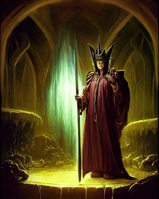 Image similar to A dark mage. He is wearing mage armor and a crown. He is frowning seriously. He is preparing to cast a dark spell. He is standing in a wizards room. Award winning realistic oil painting by Thomas Cole and Wayne Barlowe