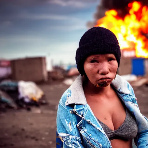 Prompt: photographic portrait of a poor streetwear woman in distress, a futuristic shanty town burns in the background, closeup, sigma 85mm f/1.4, 4k, depth of field, high resolution, 4k, 8k, hd, full color